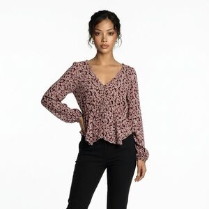 Vici Mauve Pink Floral Long Sleeve Peplum Blouse
